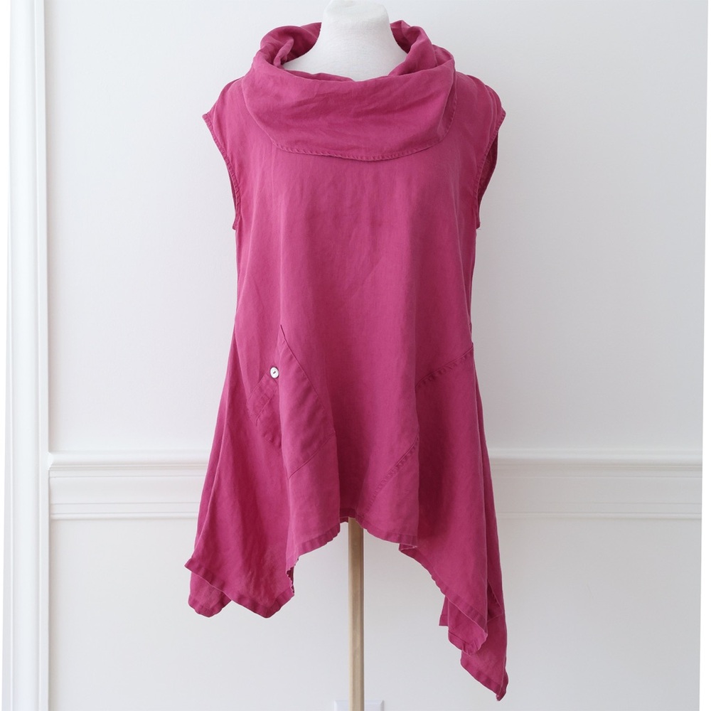 John Mark Cowl Neck Asymmetrical 100% Linen Tunic Top Magenta Size Medium
